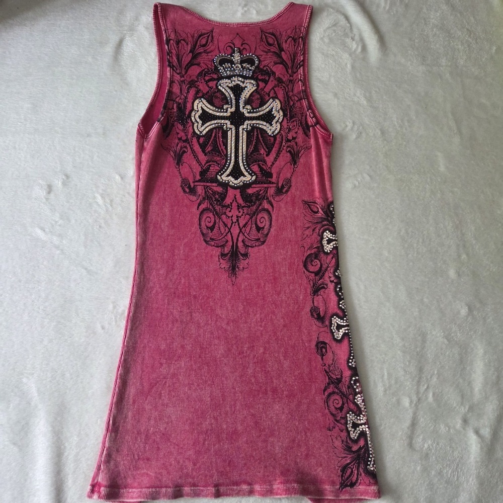 VTG Vocal Pink Tank Top Women Large Y2K Bedazzle Gems Cross Graphic - Picture 3 of 7